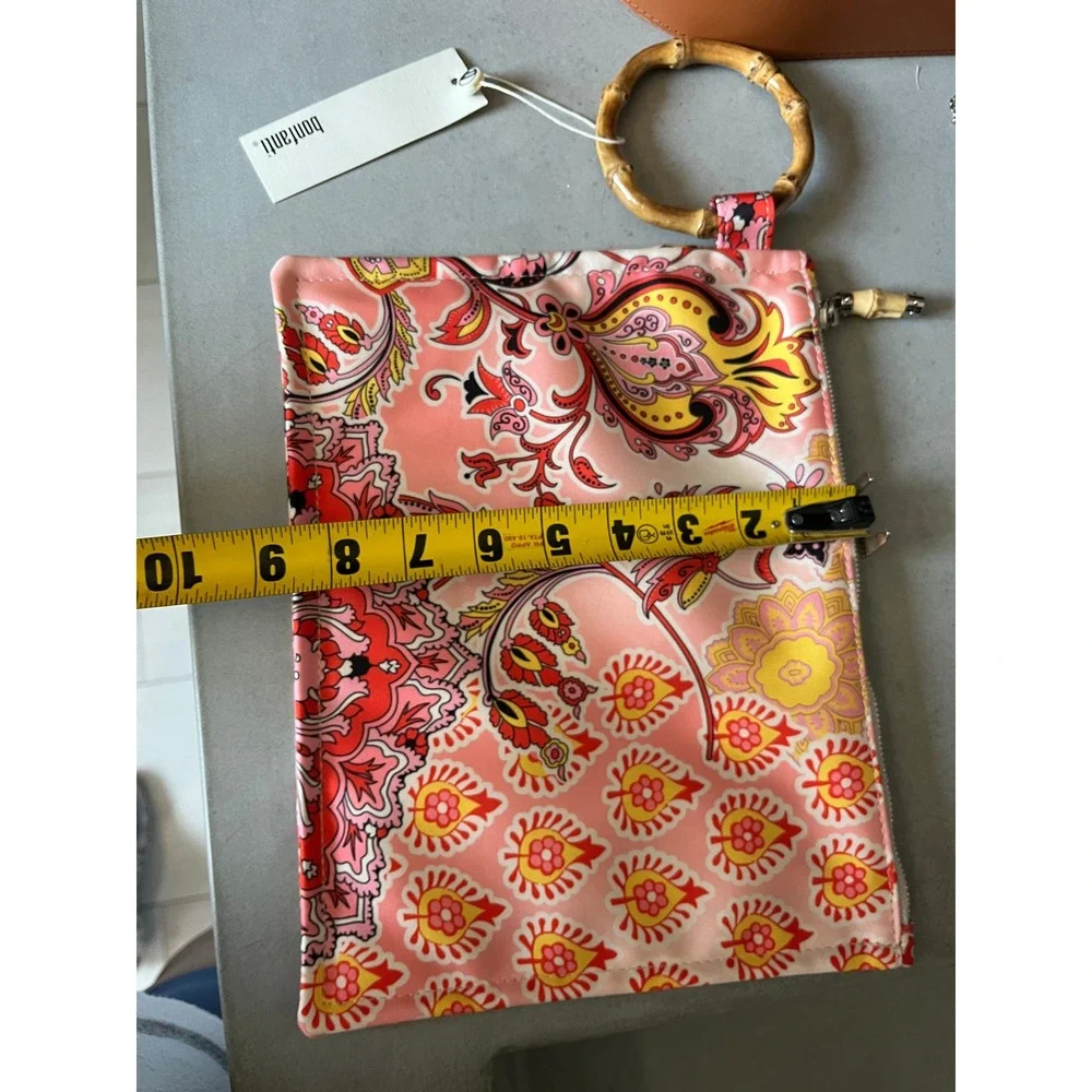 Bonfanti Pink Paisley Floral Bamboo Handle Clutch Bag Boho Summer Festival NWT